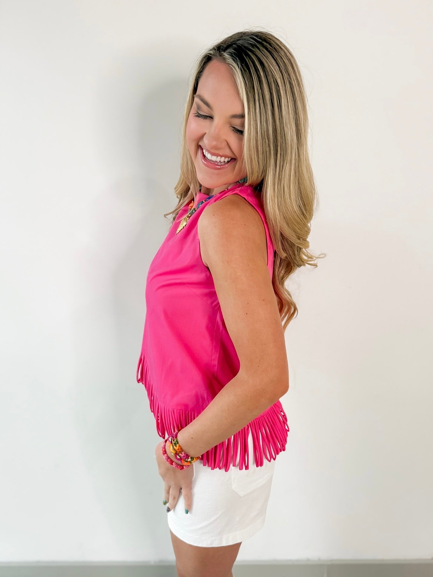 Fringe Hem Sleeveless Top - Pink