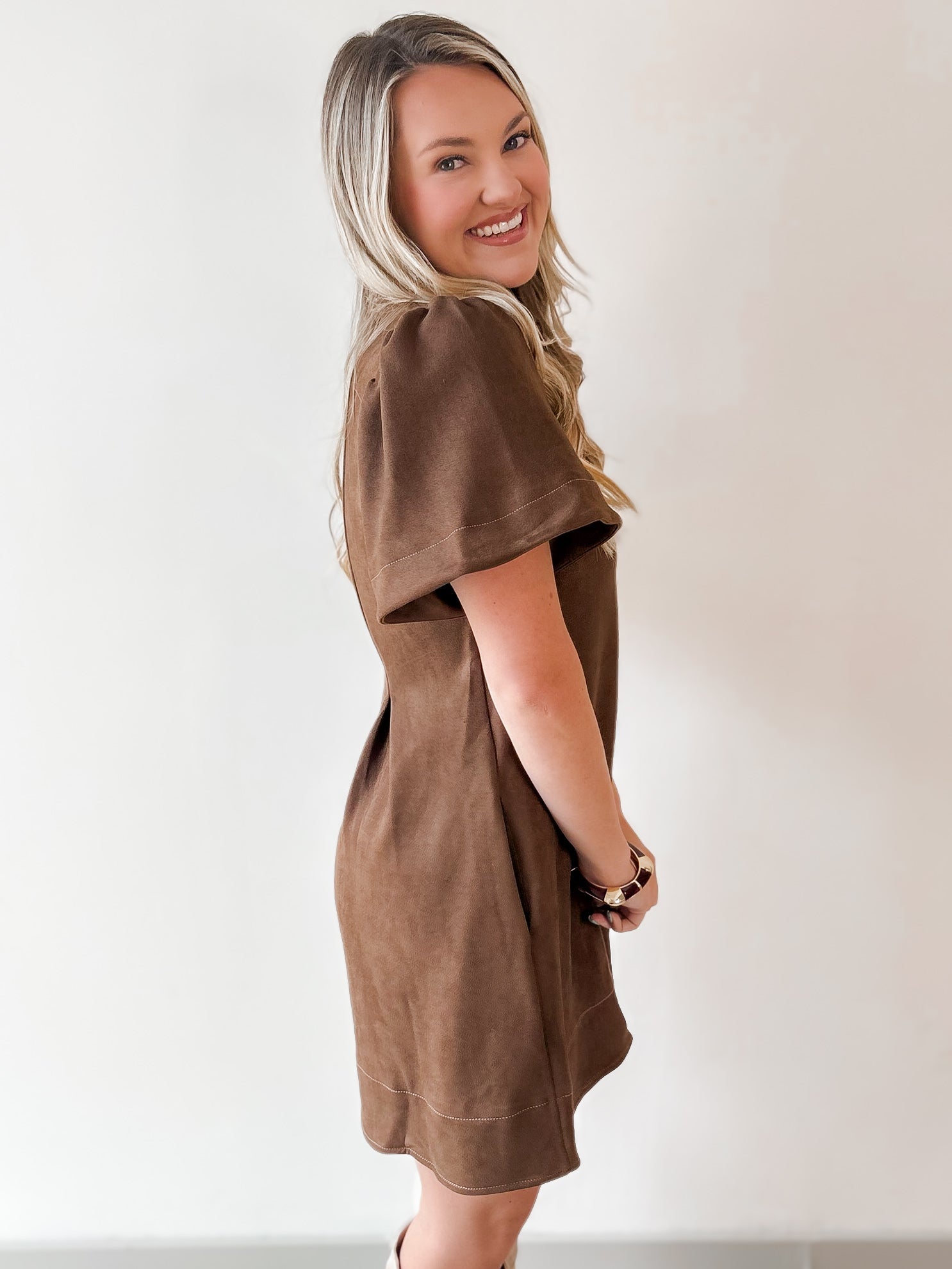 Front Pleated Suede Mini Dress