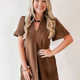 Front Pleated Suede Mini Dress