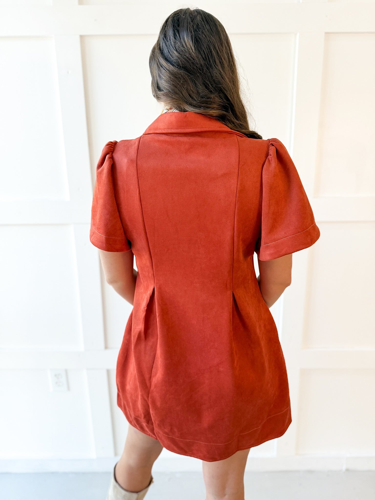 Front Pleated Suede Mini Dress - Rust