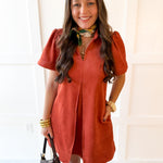 Front Pleated Suede Mini Dress - Rust