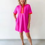 Front Zip Up Solid Casual Dress - Pink
