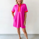 Front Zip Up Solid Casual Dress - Pink