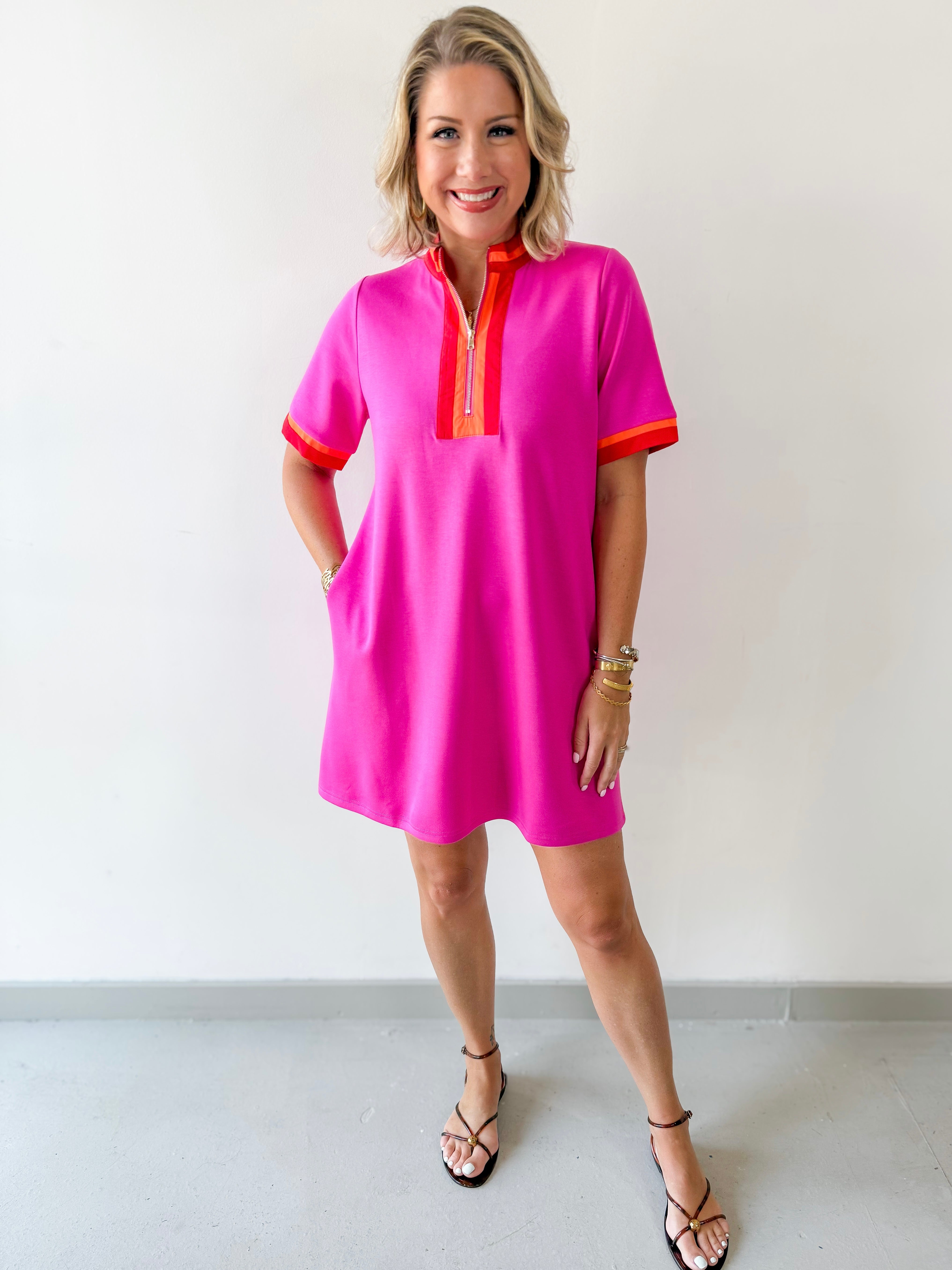 Front Zip Up Solid Casual Dress - Pink