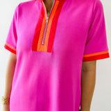 Front Zip Up Solid Casual Dress - Pink