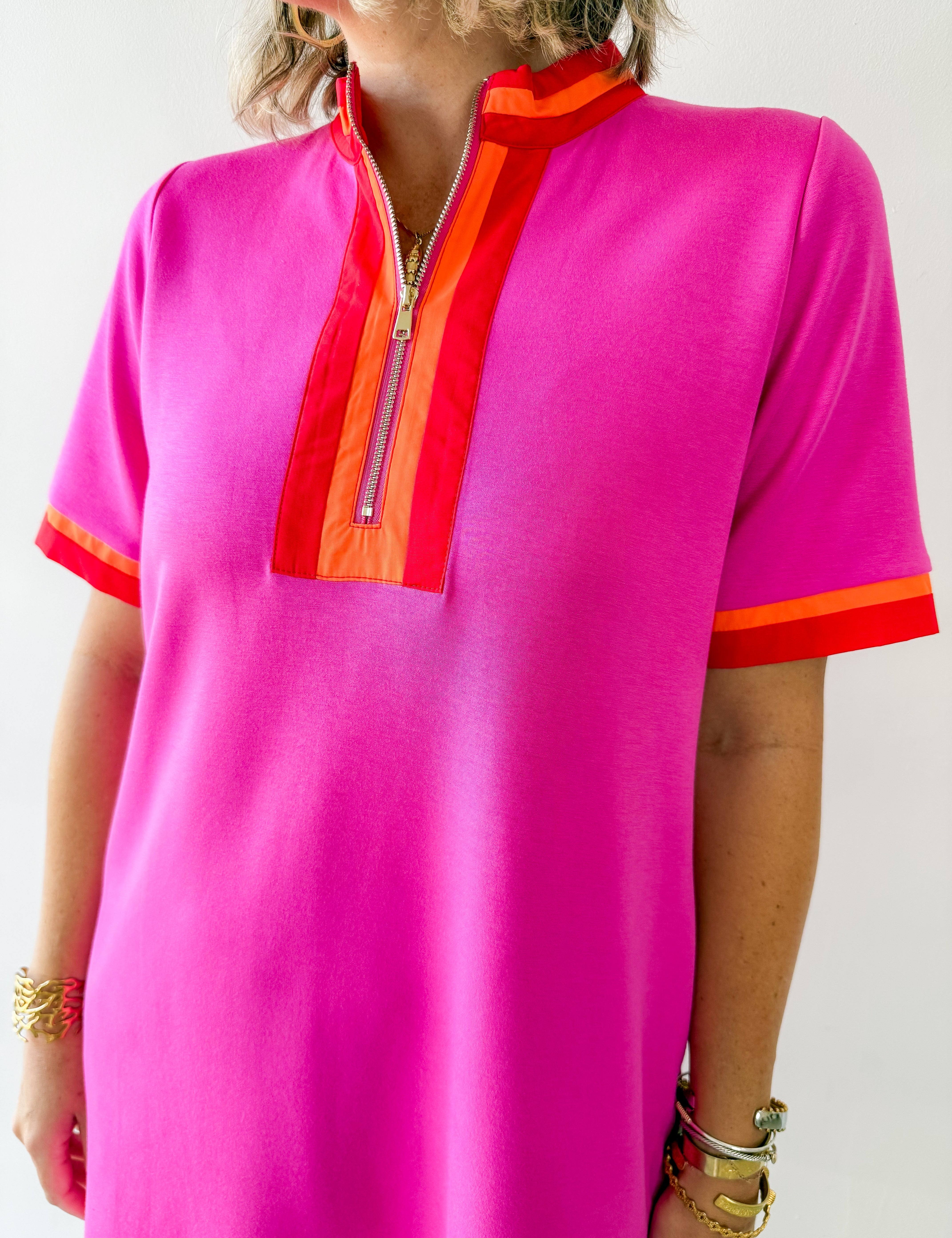 Front Zip Up Solid Casual Dress - Pink