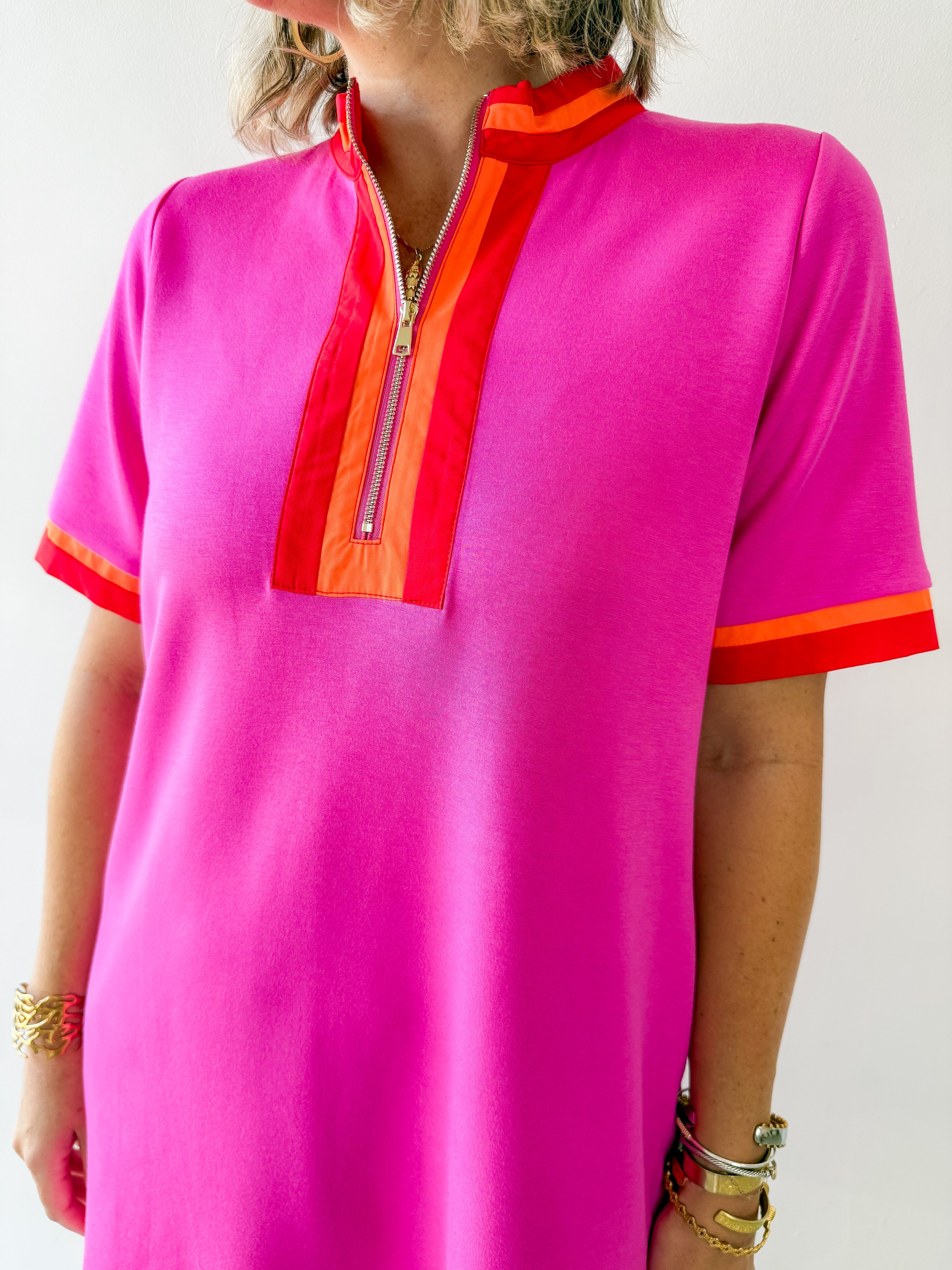 Front Zip Up Solid Casual Dress - Pink