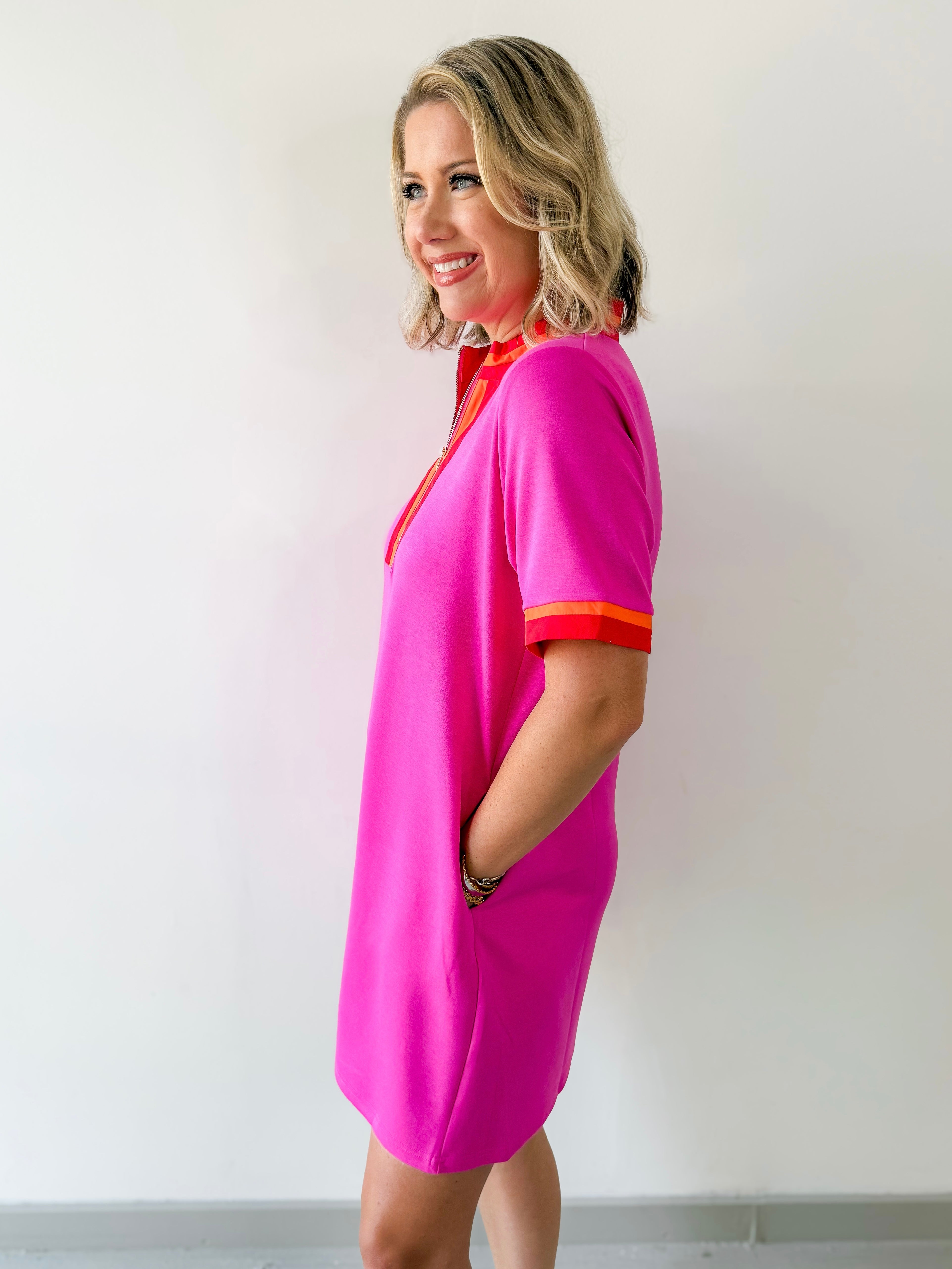 hot pink zip up dress Zip Through the Day Pink Zip Front Scalloped Hem Mini Dress