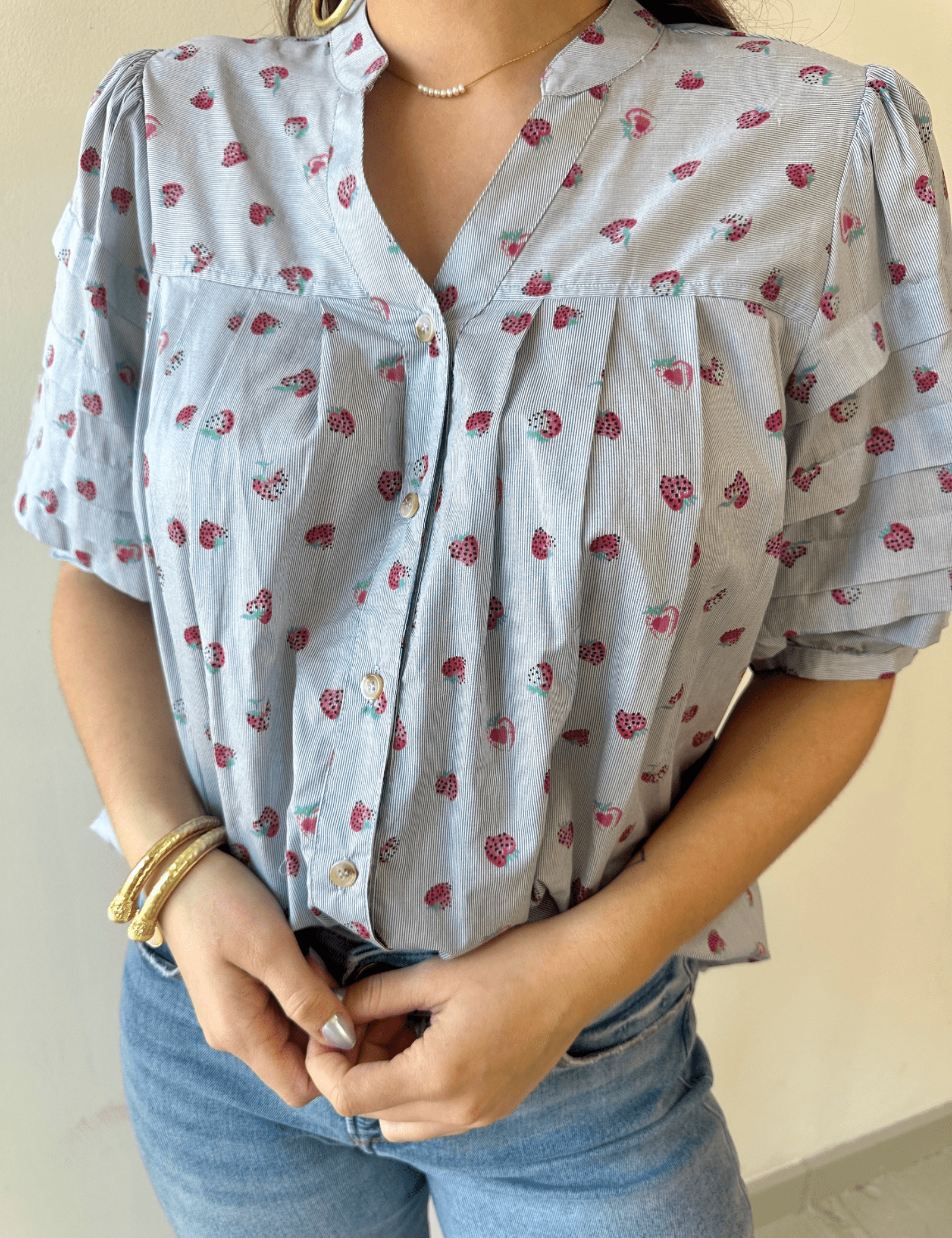 Fruit Motif Pinstripe Top