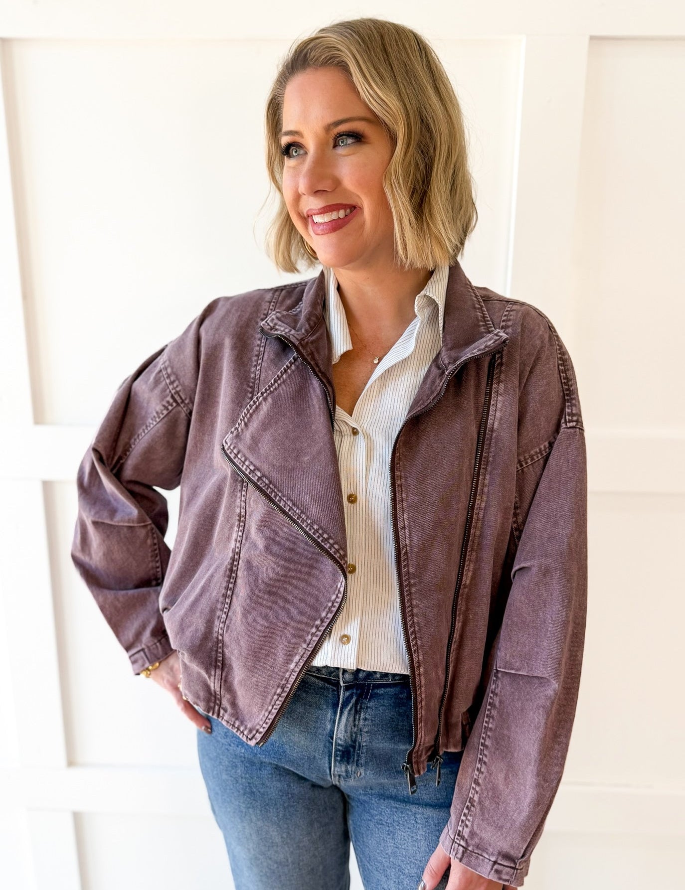 Funnel Draped Flap Jacket - Red Bean