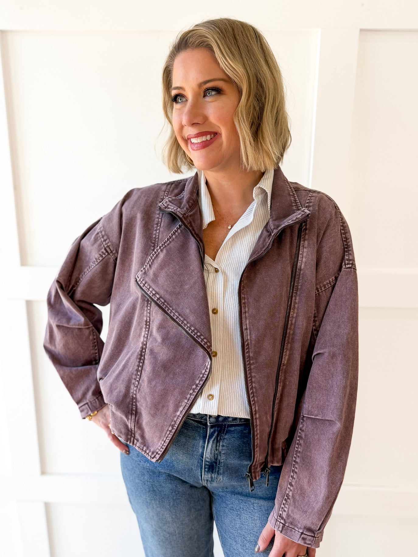 Funnel Draped Flap Jacket - Red Bean