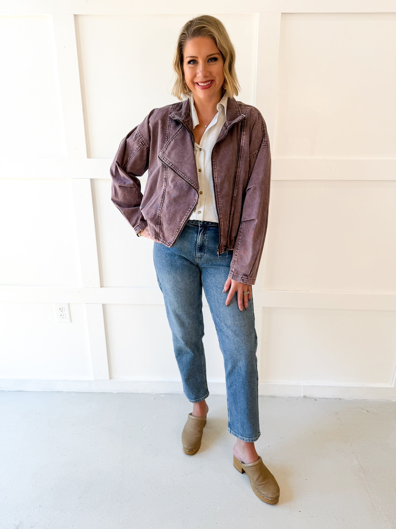 Funnel Draped Flap Jacket - Red Bean