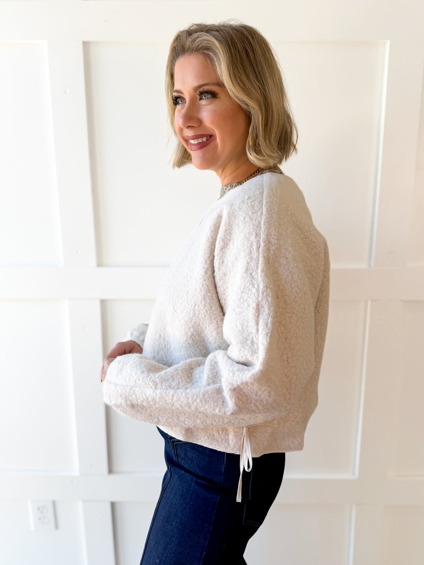 Fuzzy Drawstring Jacket - Ivory