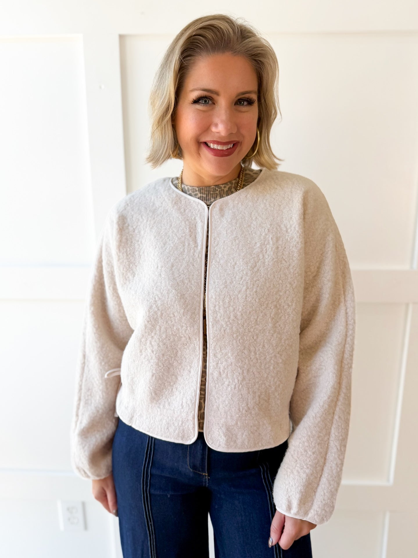 Fuzzy Drawstring Jacket - Ivory
