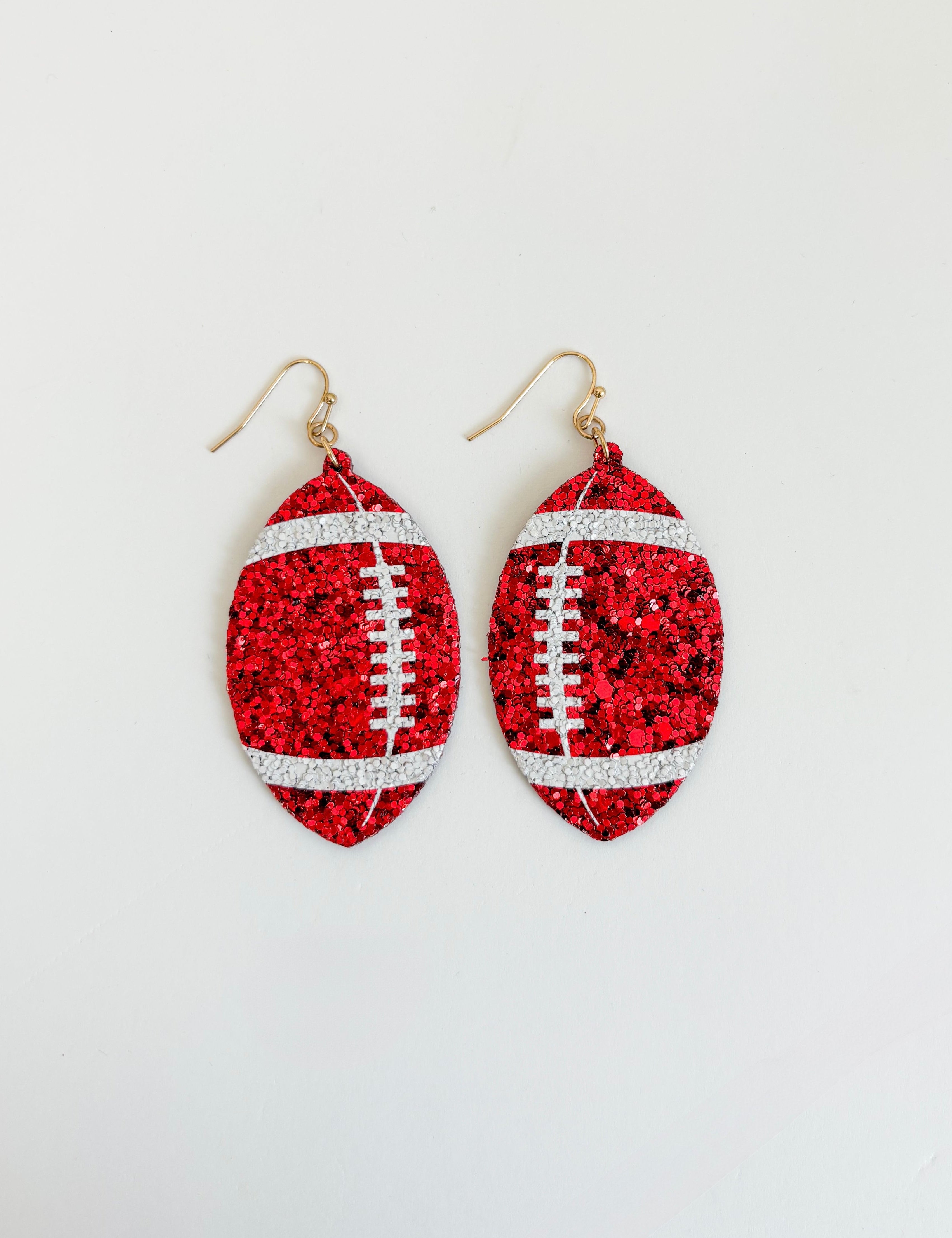 Gameday Glitter Football Earrings - White/Red