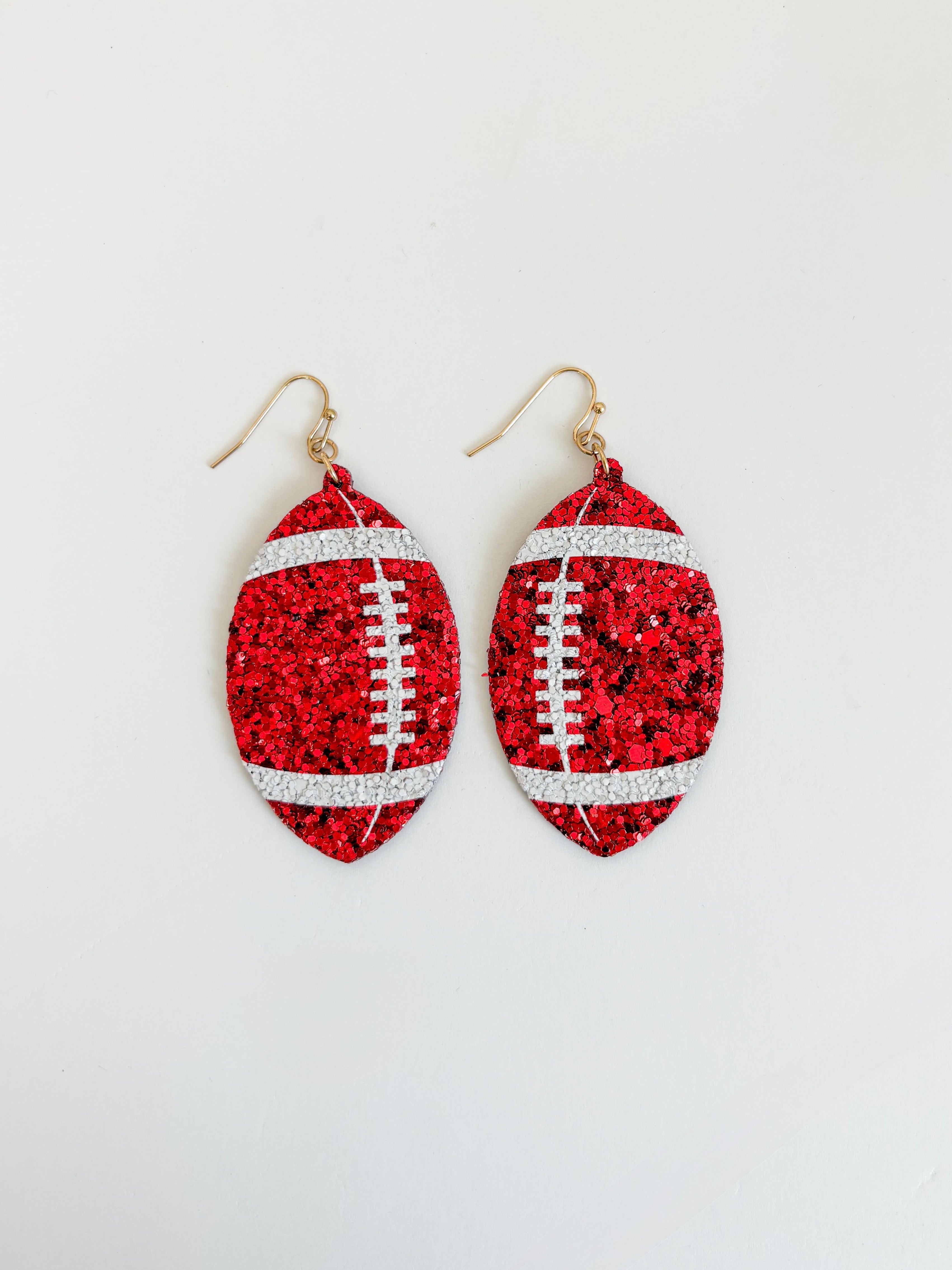 Gameday Glitter Football Earrings - White/Red