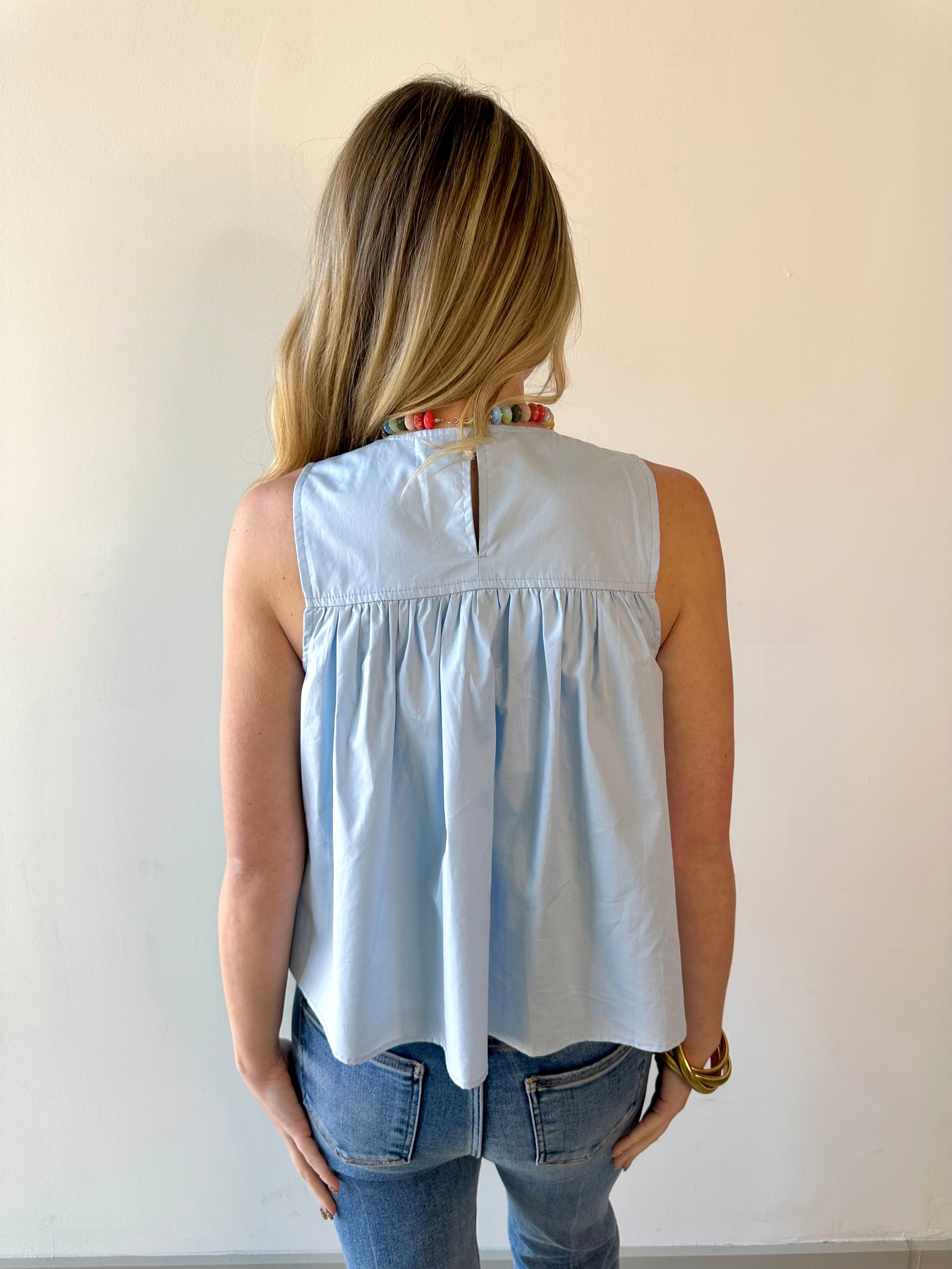 Gathered Poplin Top - Light Blue