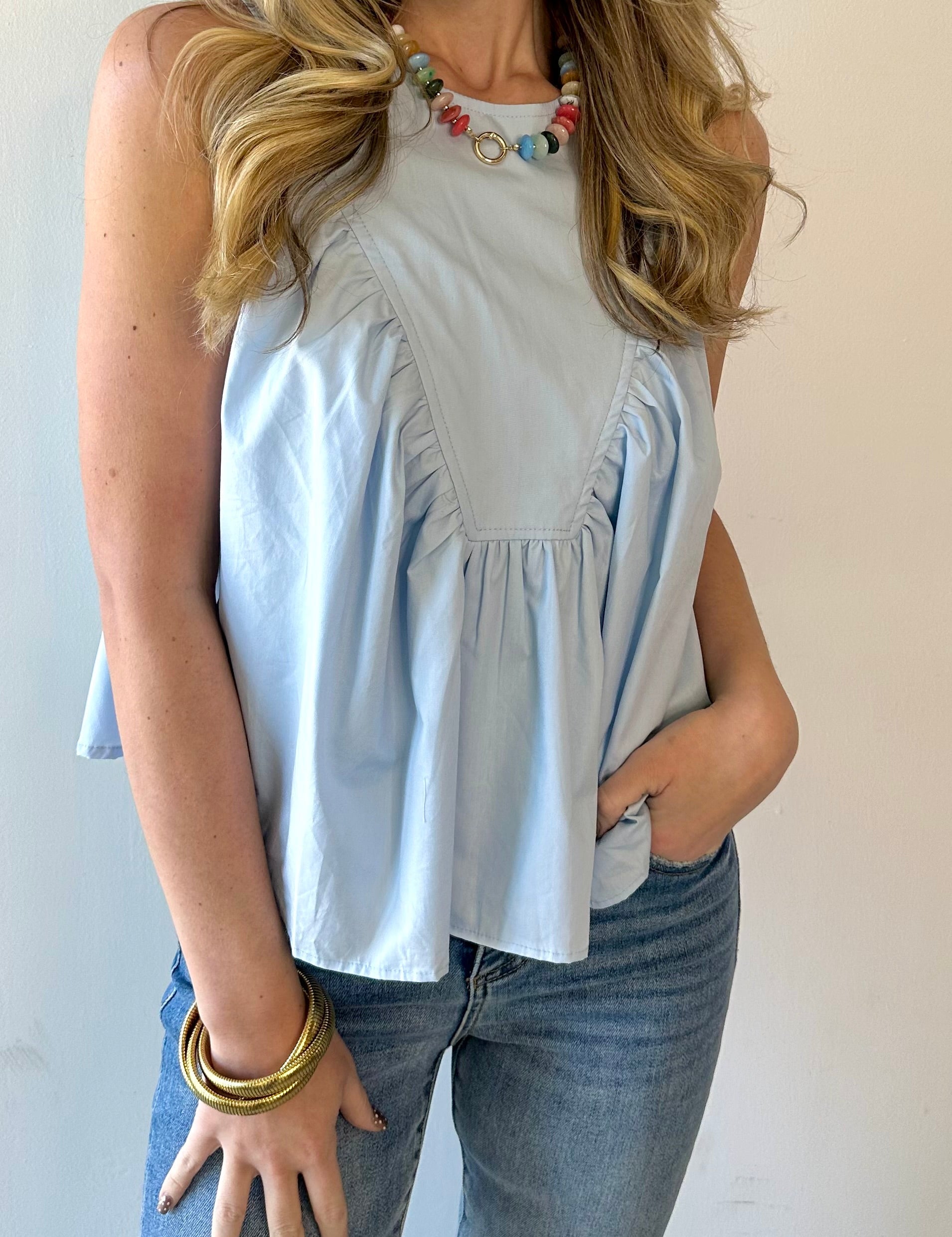 Gathered Poplin Top - Light Blue