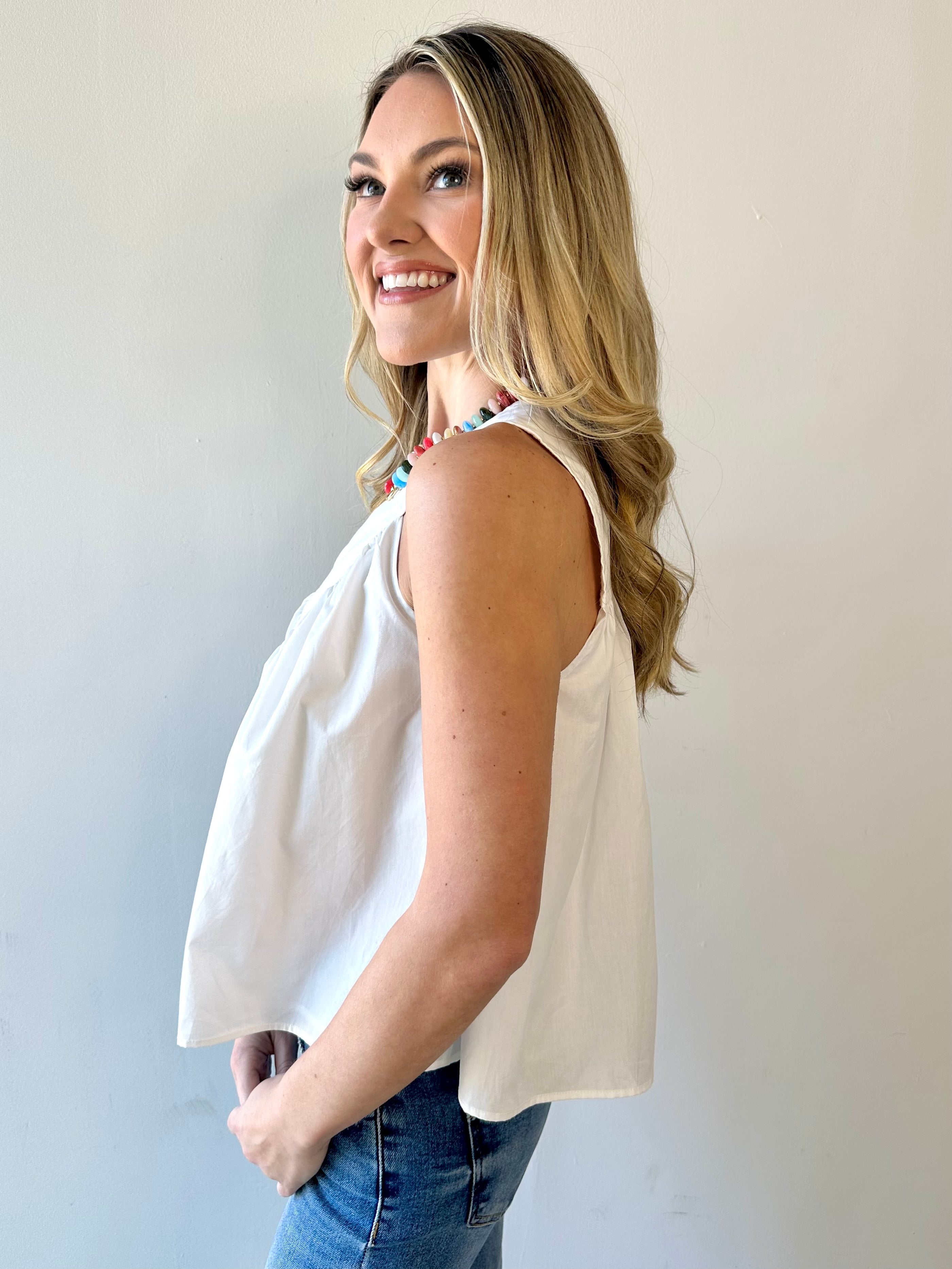 Gathered Poplin Top - White