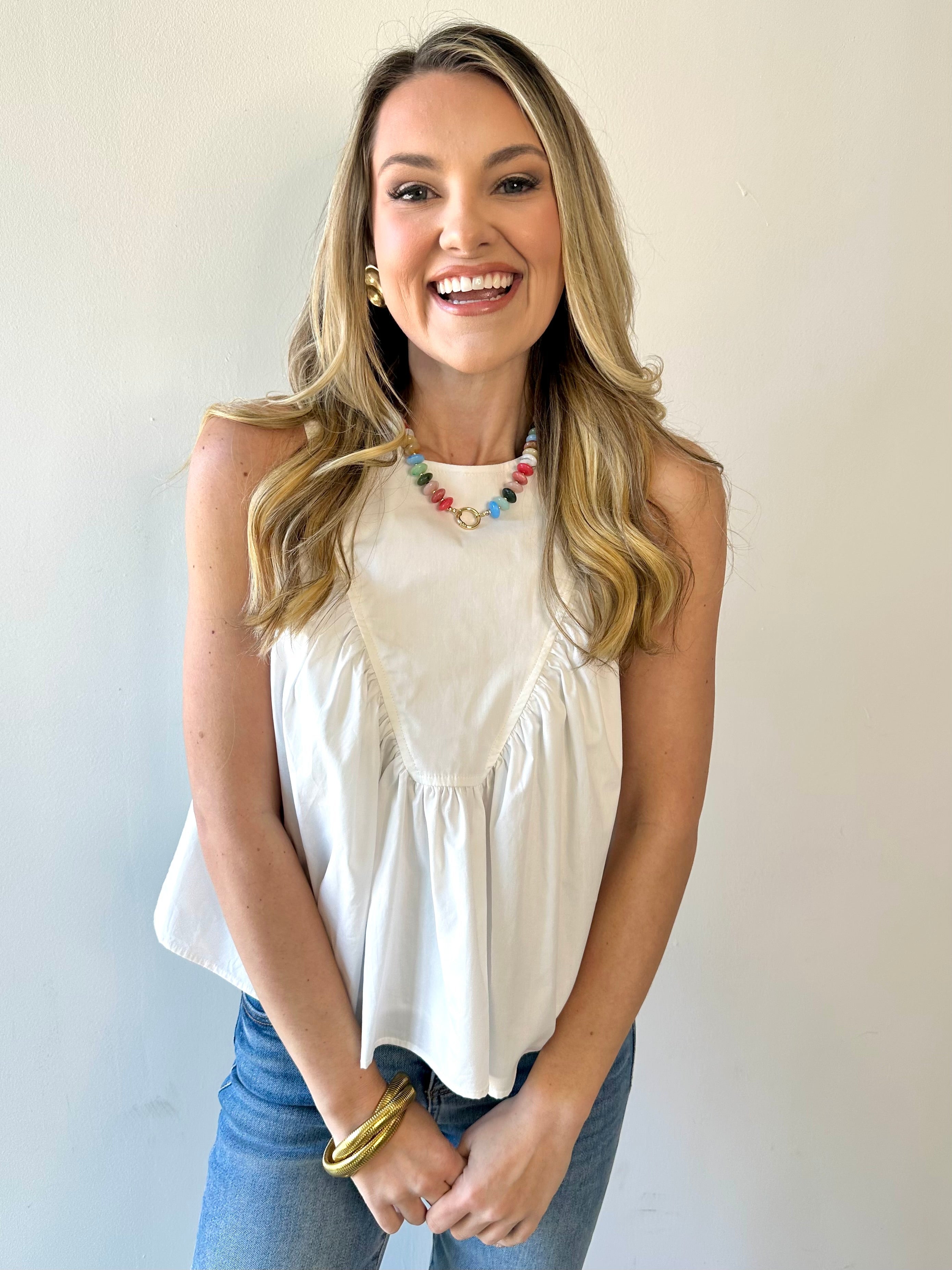 Gathered Poplin Top - White