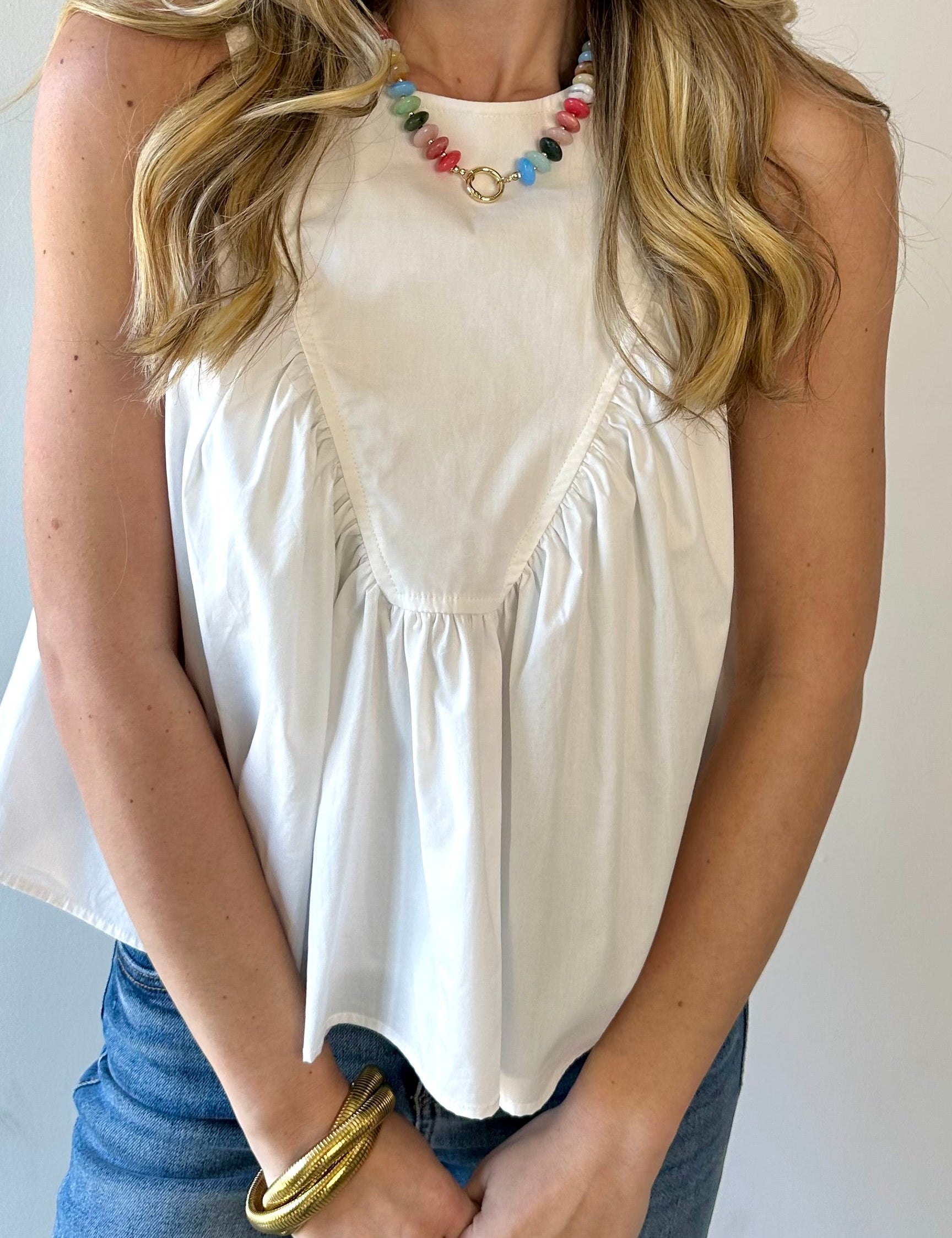 Gathered Poplin Top - White