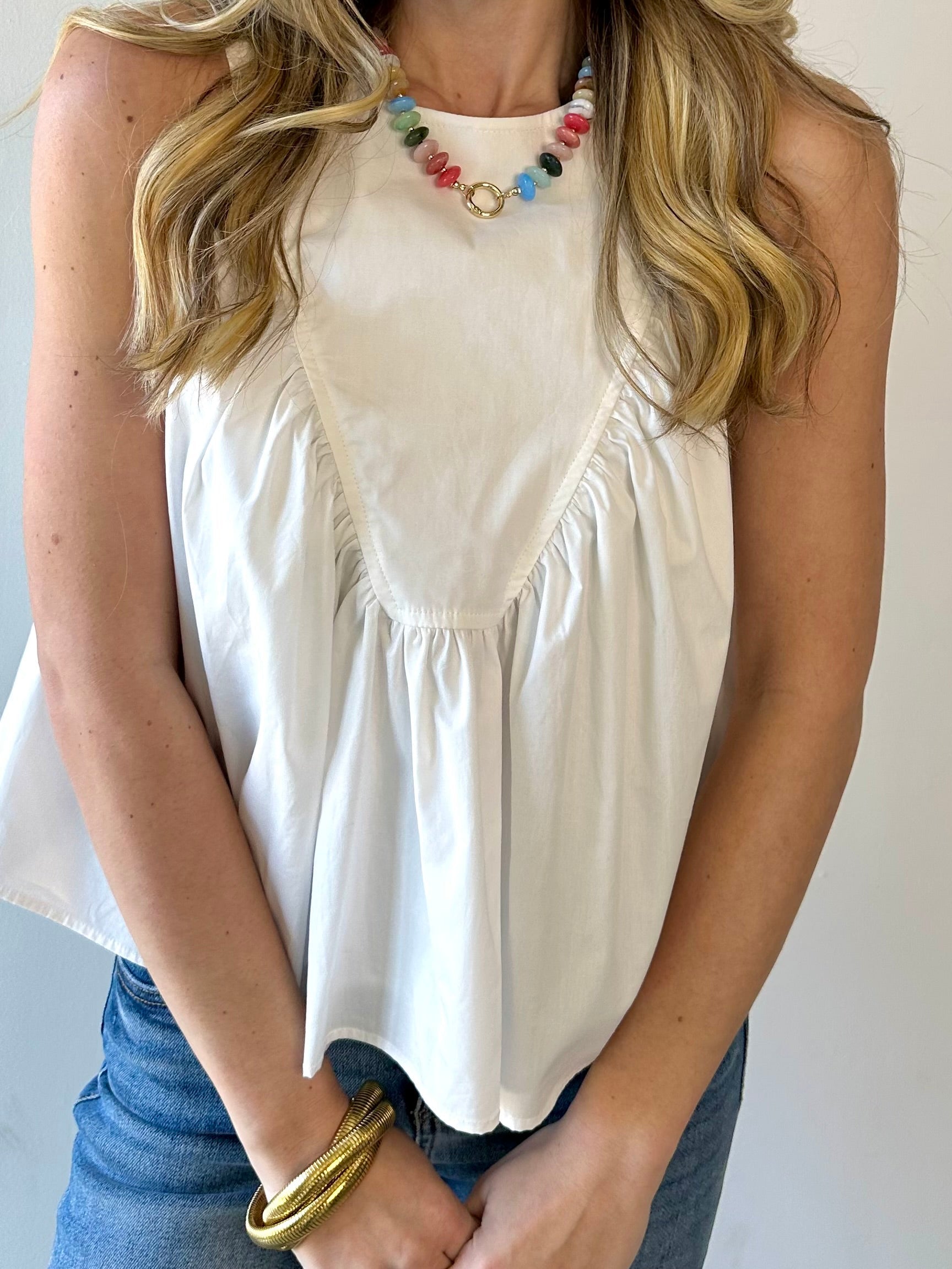 Gathered Poplin Top - White