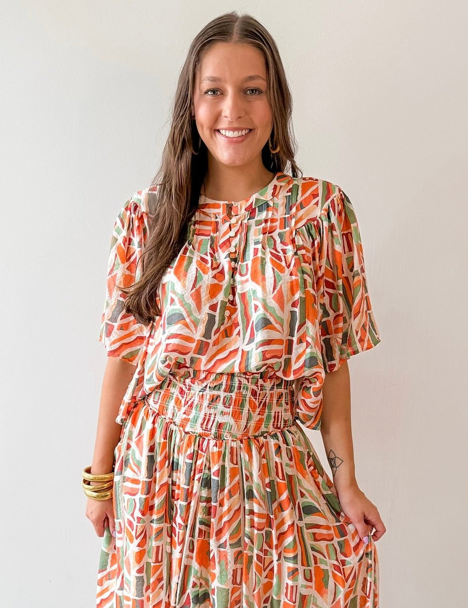 Geo Pattern Blouse & Skirt Set