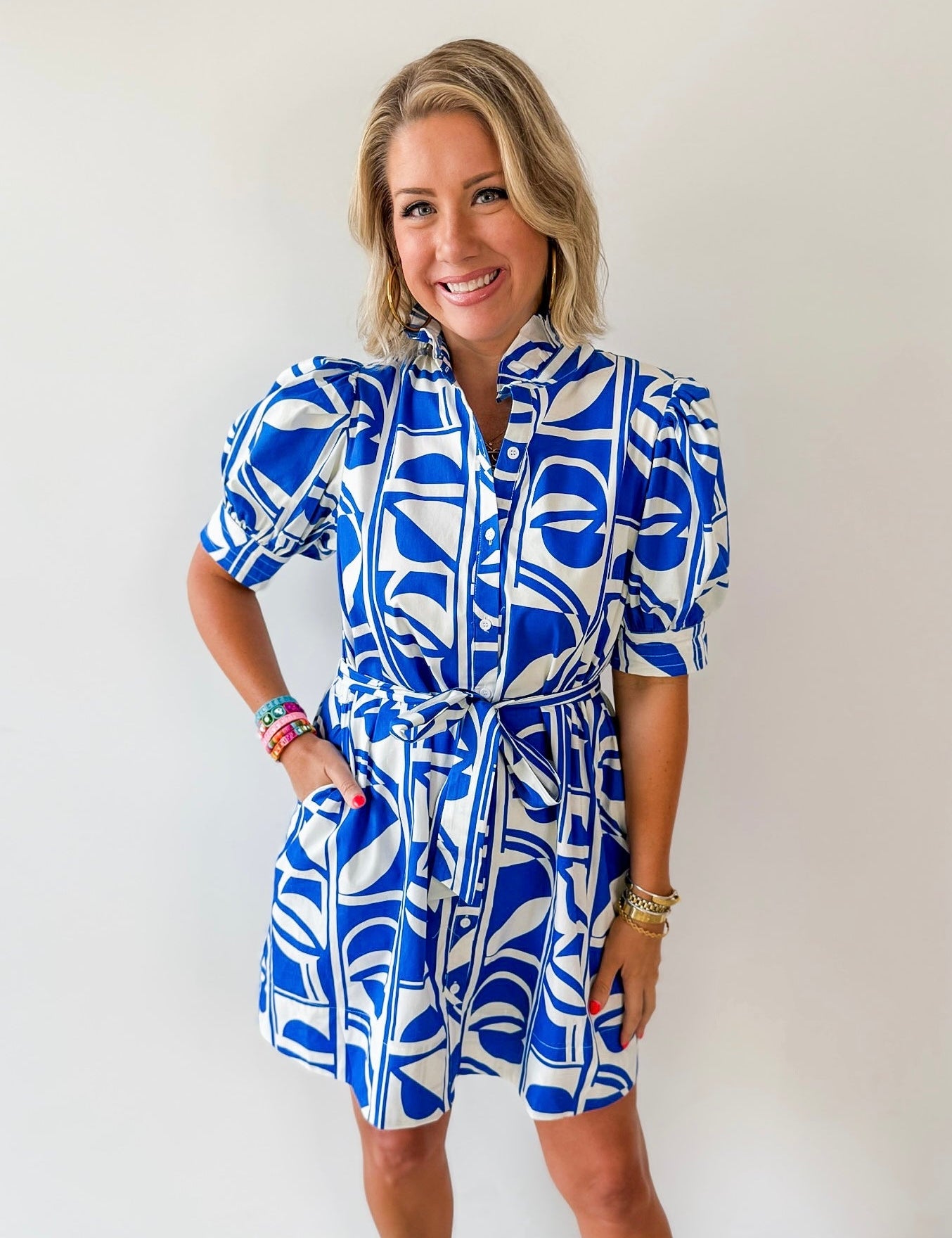 Geo Print Ruffle Neck Shirt Dress