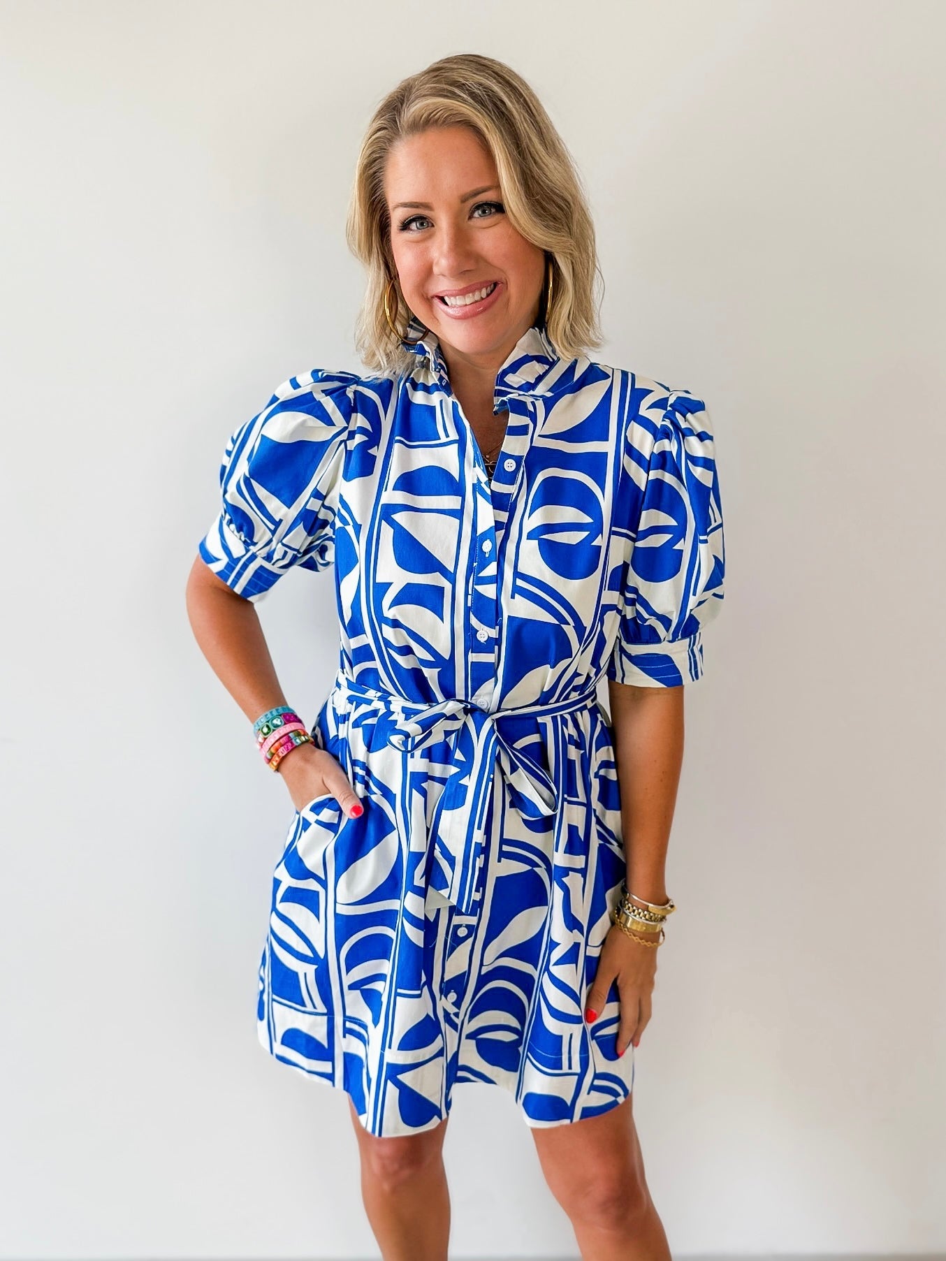 Geo Print Ruffle Neck Shirt Dress