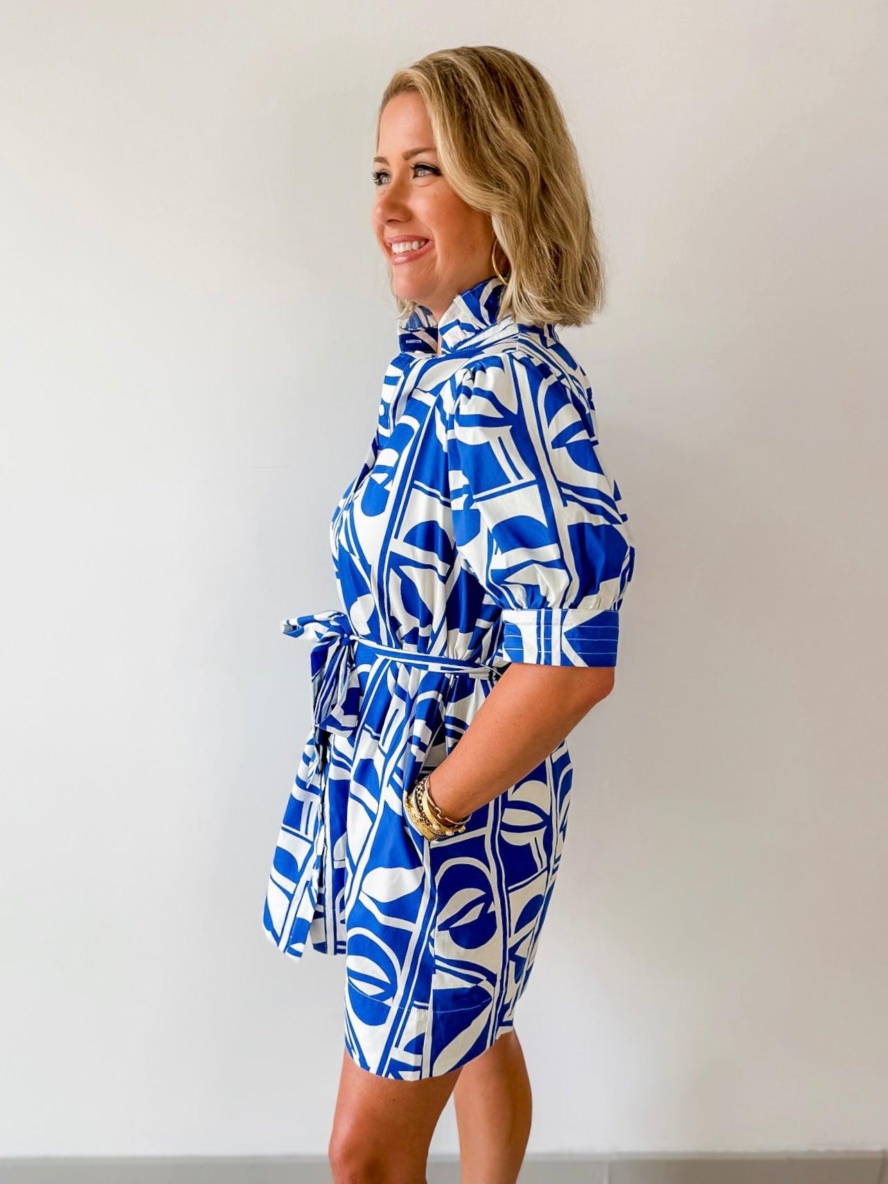 Geo Print Ruffle Neck Shirt Dress