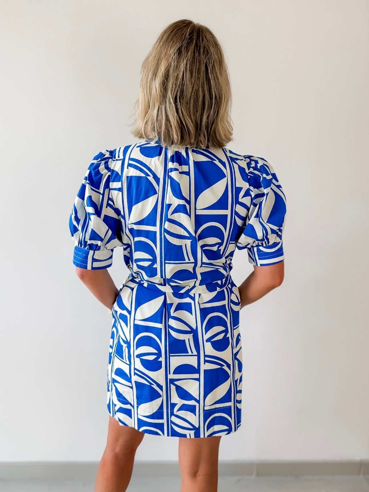 Geo Print Ruffle Neck Shirt Dress