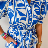 Geo Print Ruffle Neck Shirt Dress
