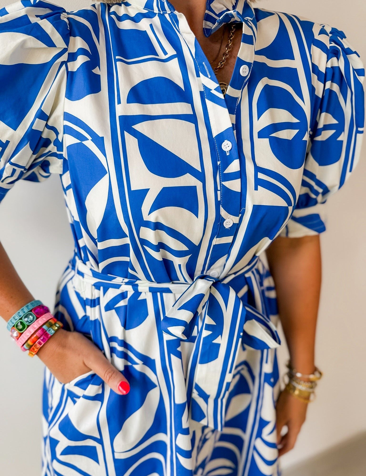Geo Print Ruffle Neck Shirt Dress