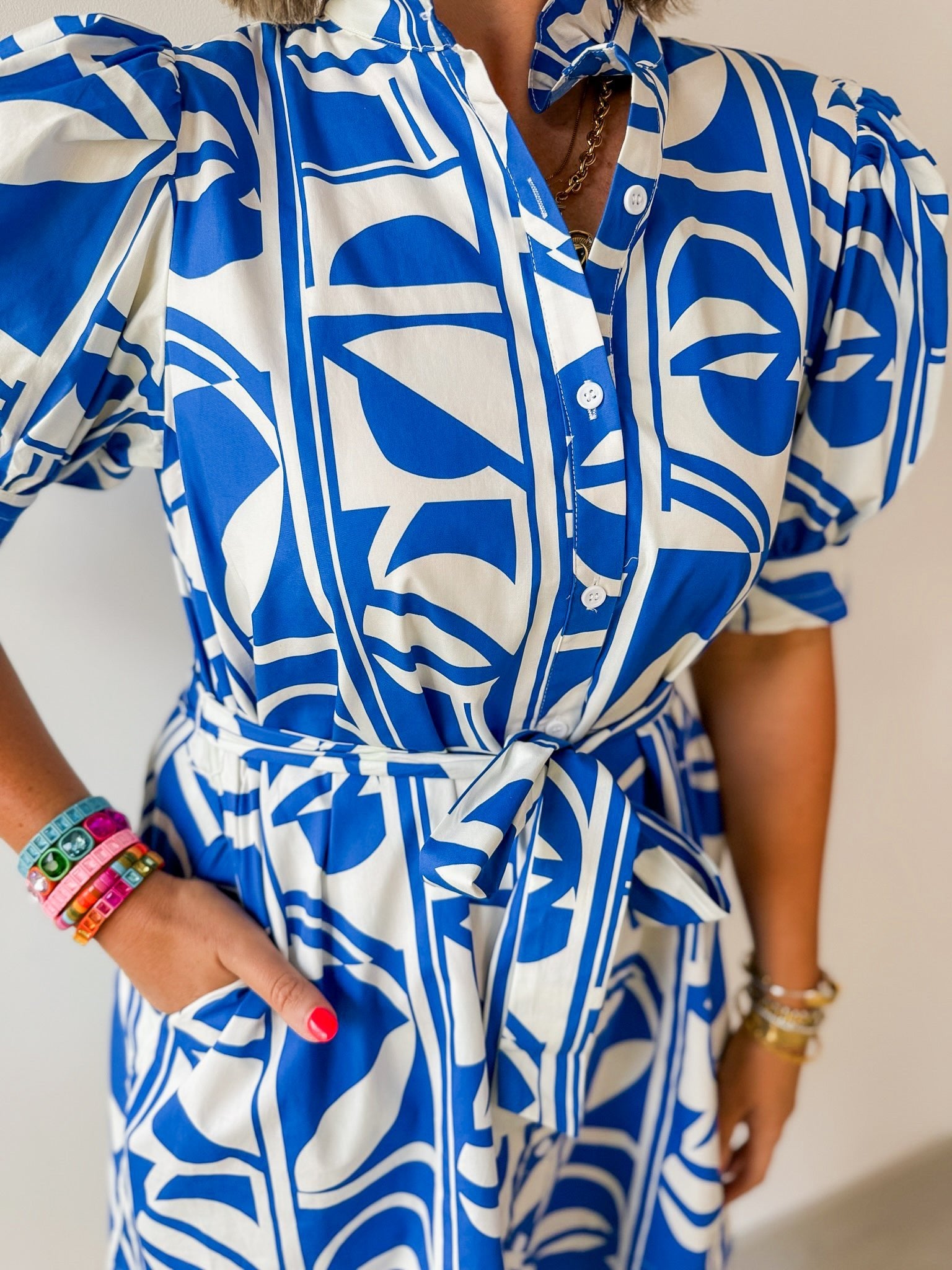 Geo Print Ruffle Neck Shirt Dress