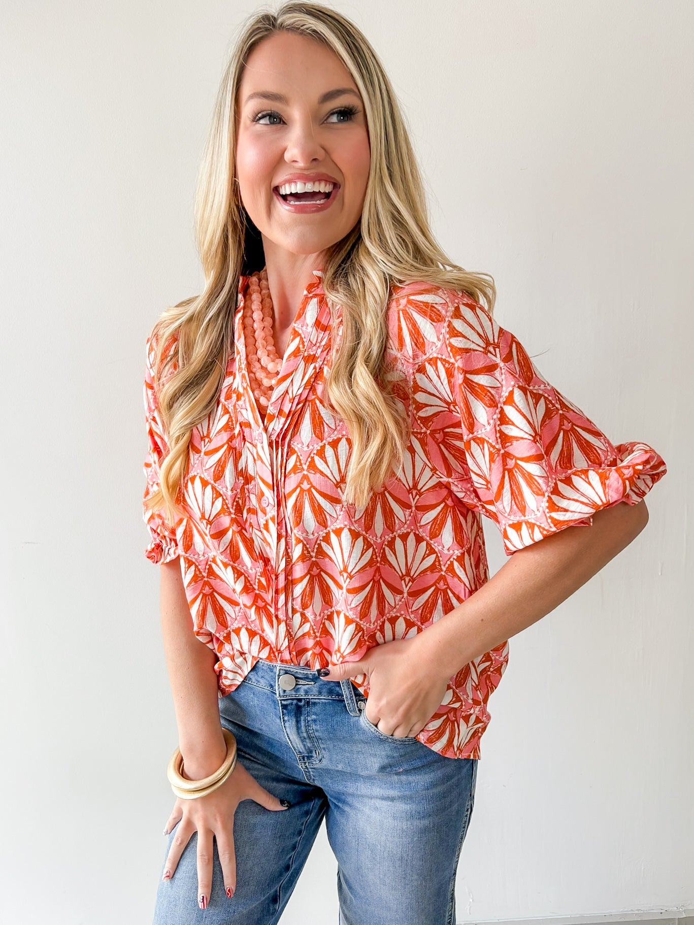 Geo Print Ruffled Top
