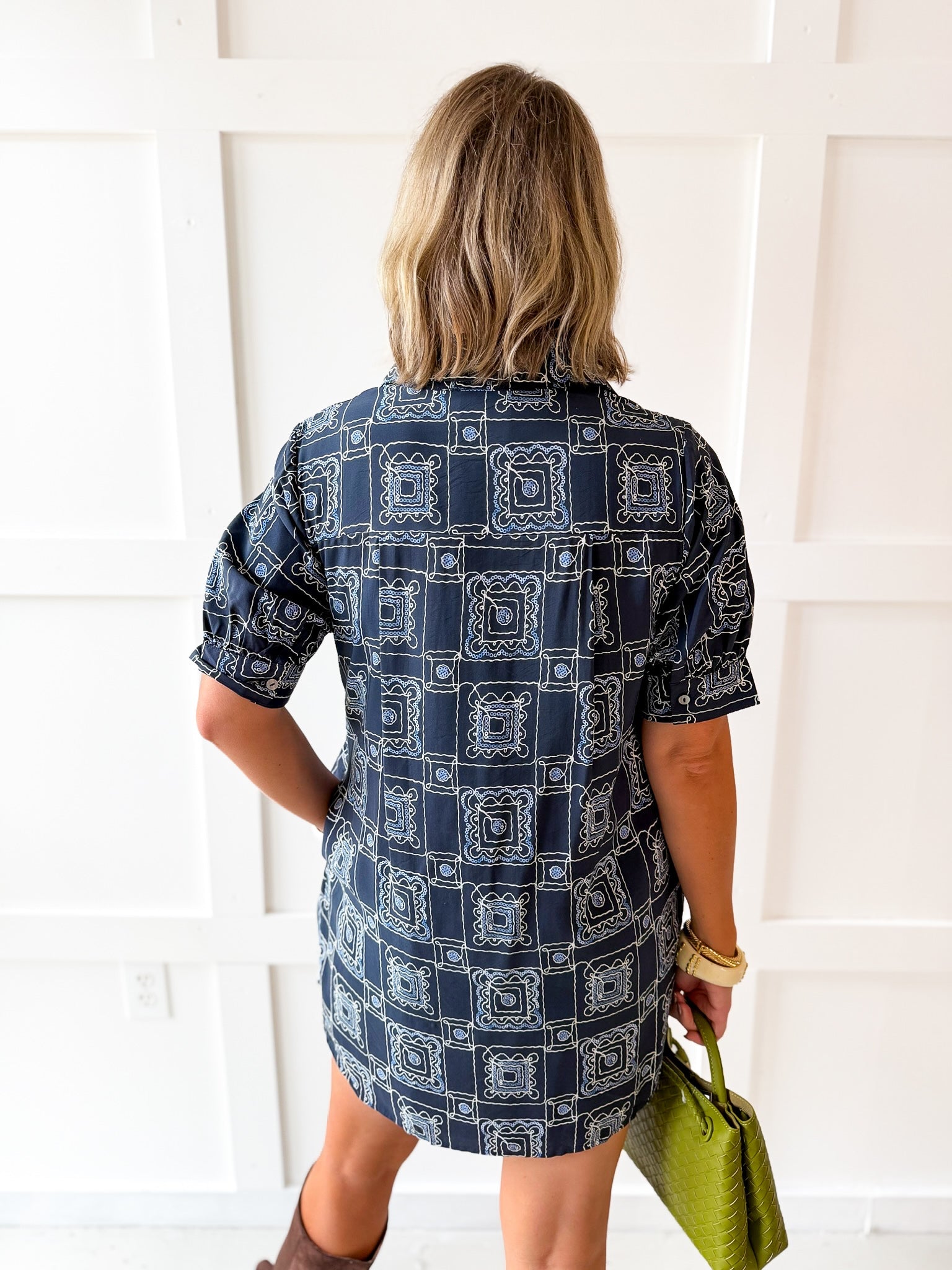 Geo Print Shirt Dress - Navy