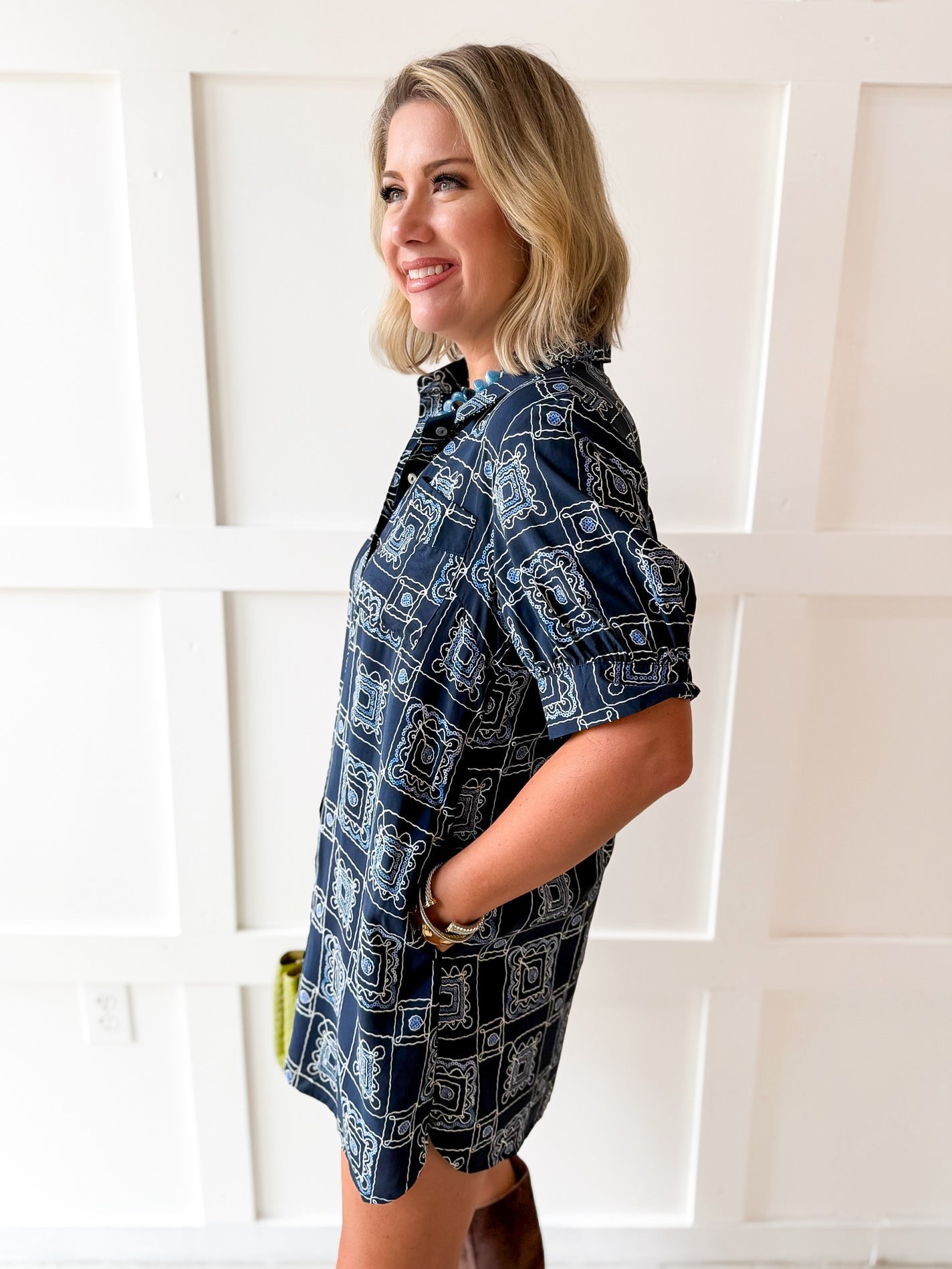 Geo Print Shirt Dress - Navy
