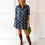 Geo Print Shirt Dress - Navy