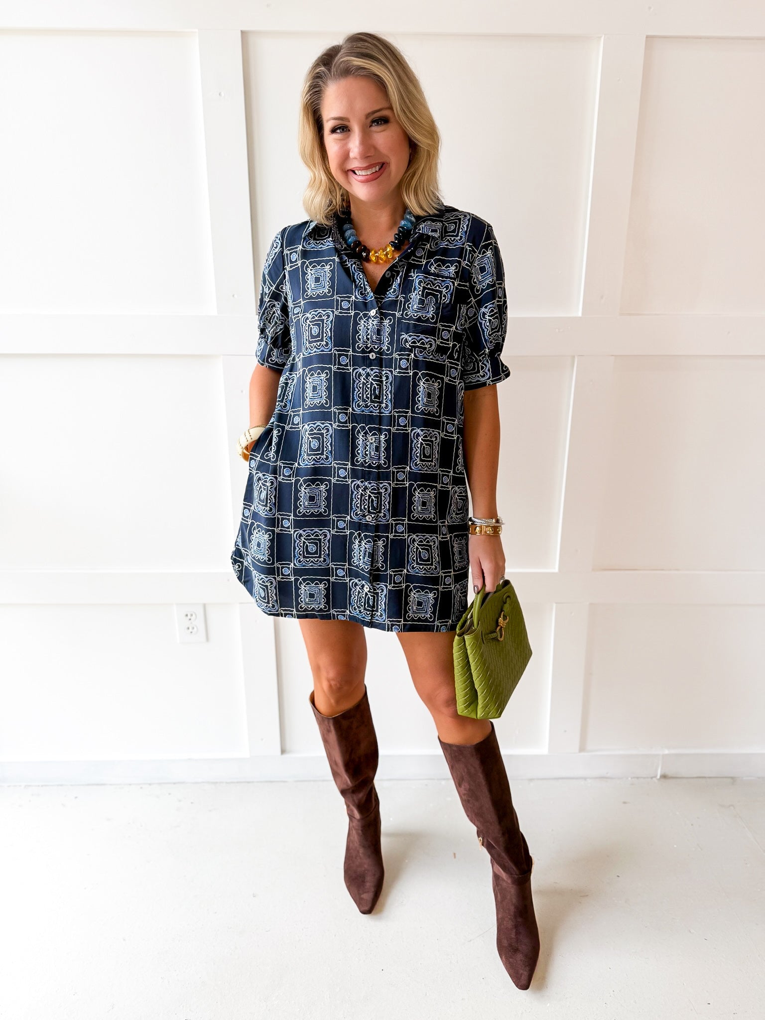Geo Print Shirt Dress - Navy