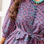 Geo Print Waist Tie Midi Dress- Navy