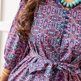 Geo Print Waist Tie Midi Dress- Navy