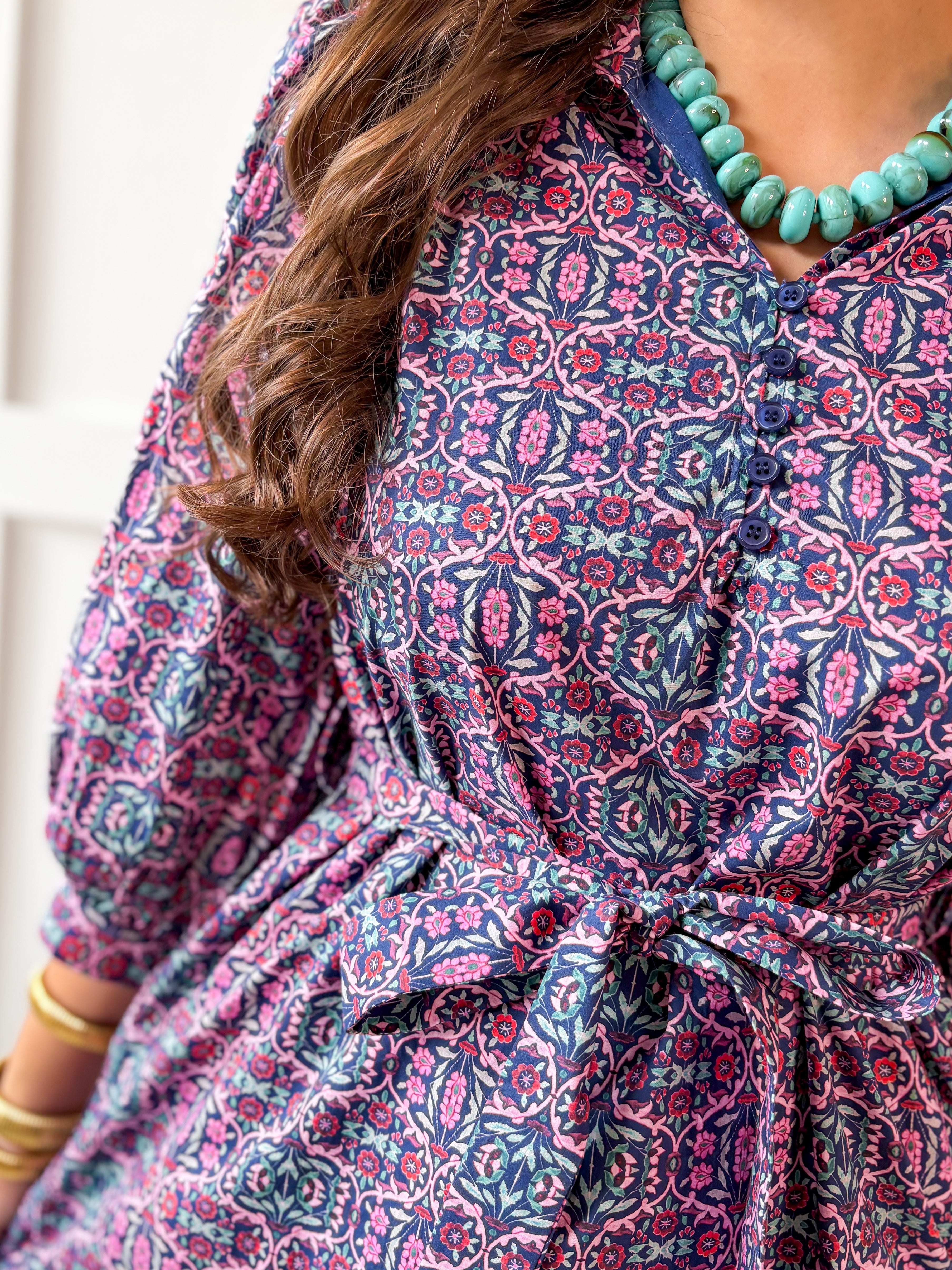 Geo Print Waist Tie Midi Dress- Navy