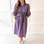 Geo Print Waist Tie Midi Dress- Navy