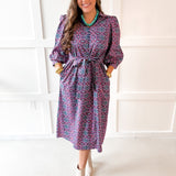 Geo Print Waist Tie Midi Dress- Navy