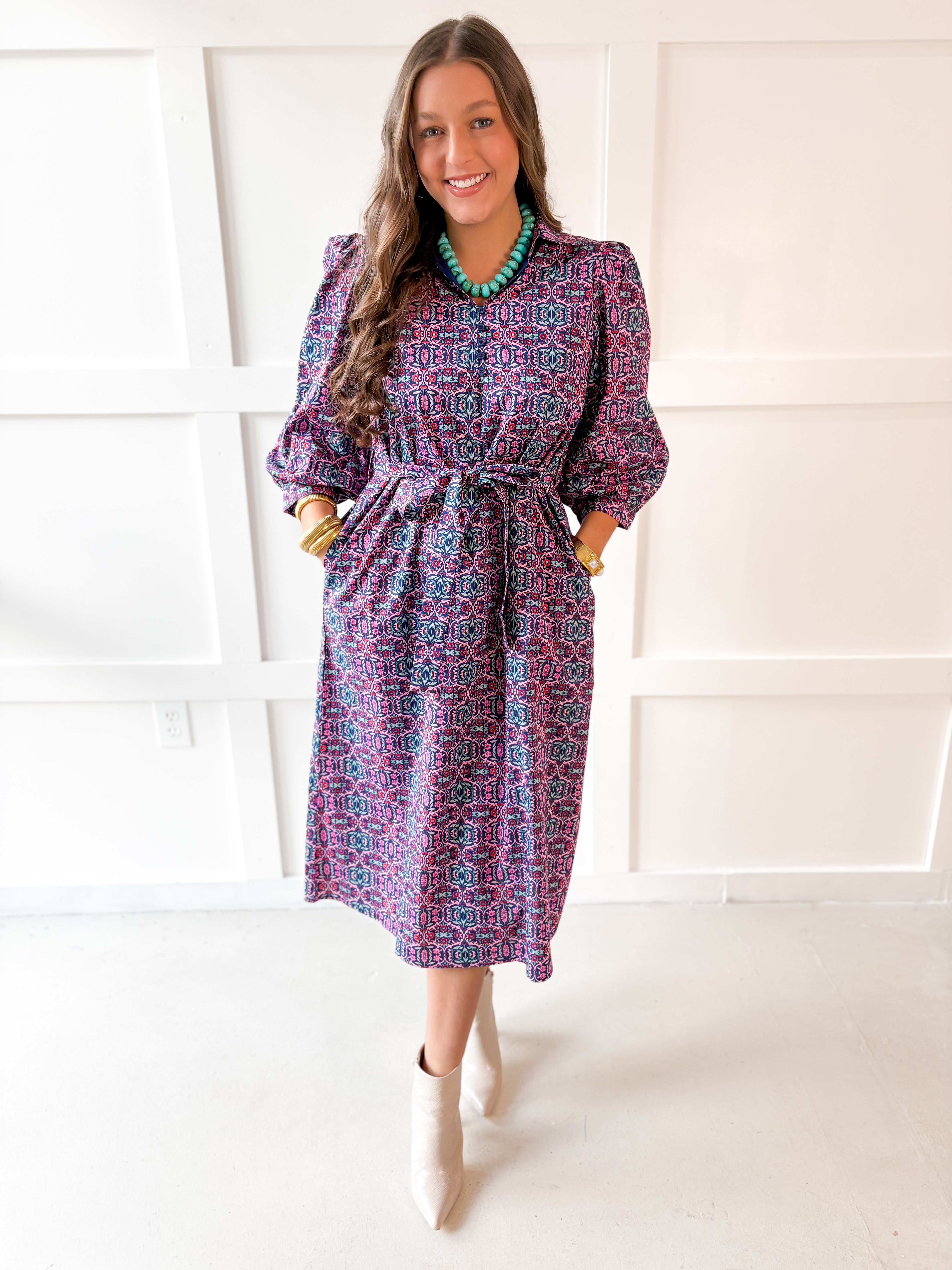 Geo Print Waist Tie Midi Dress- Navy