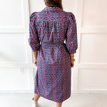 Geo Print Waist Tie Midi Dress- Navy
