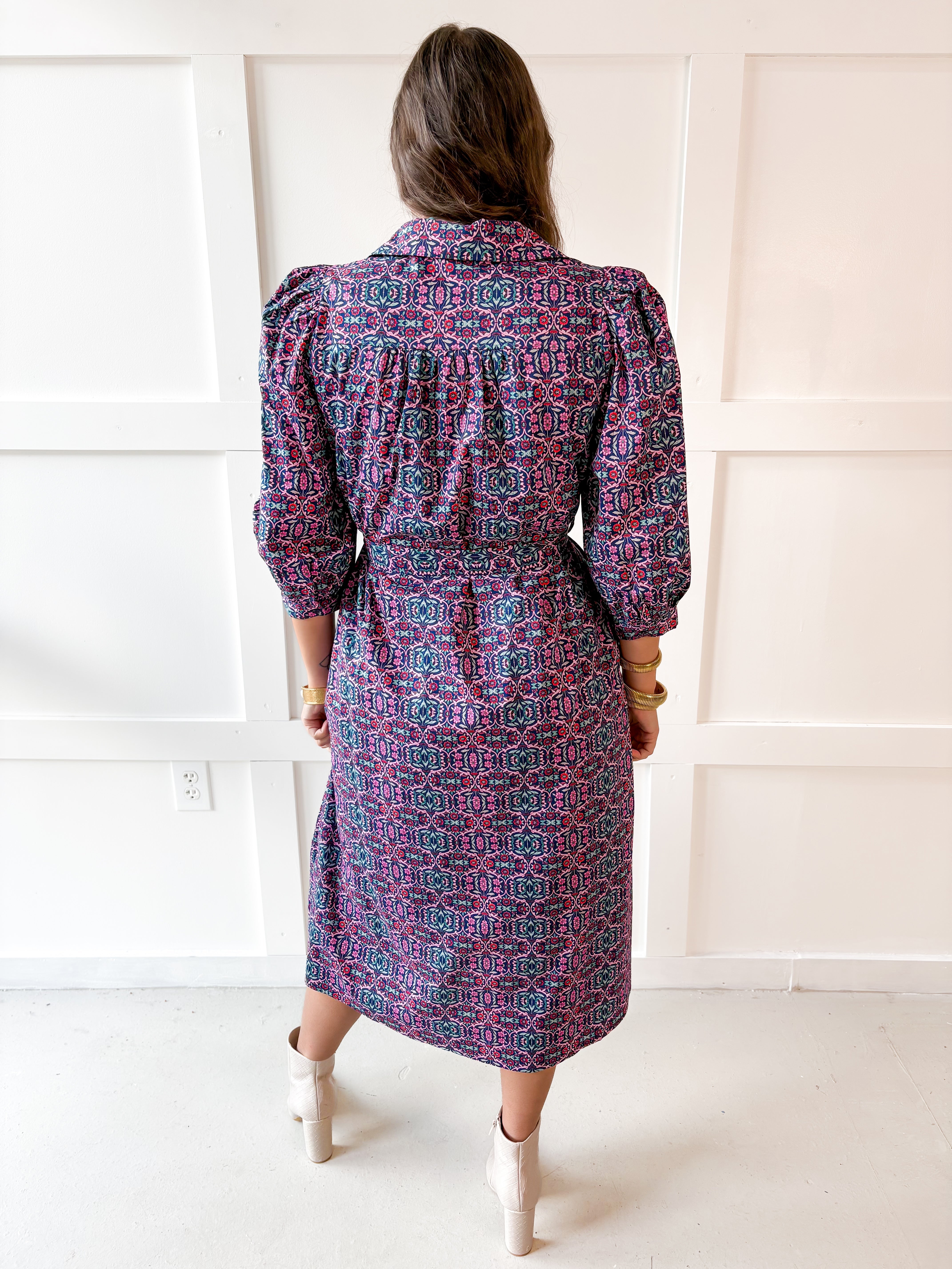 Geo Print Waist Tie Midi Dress- Navy