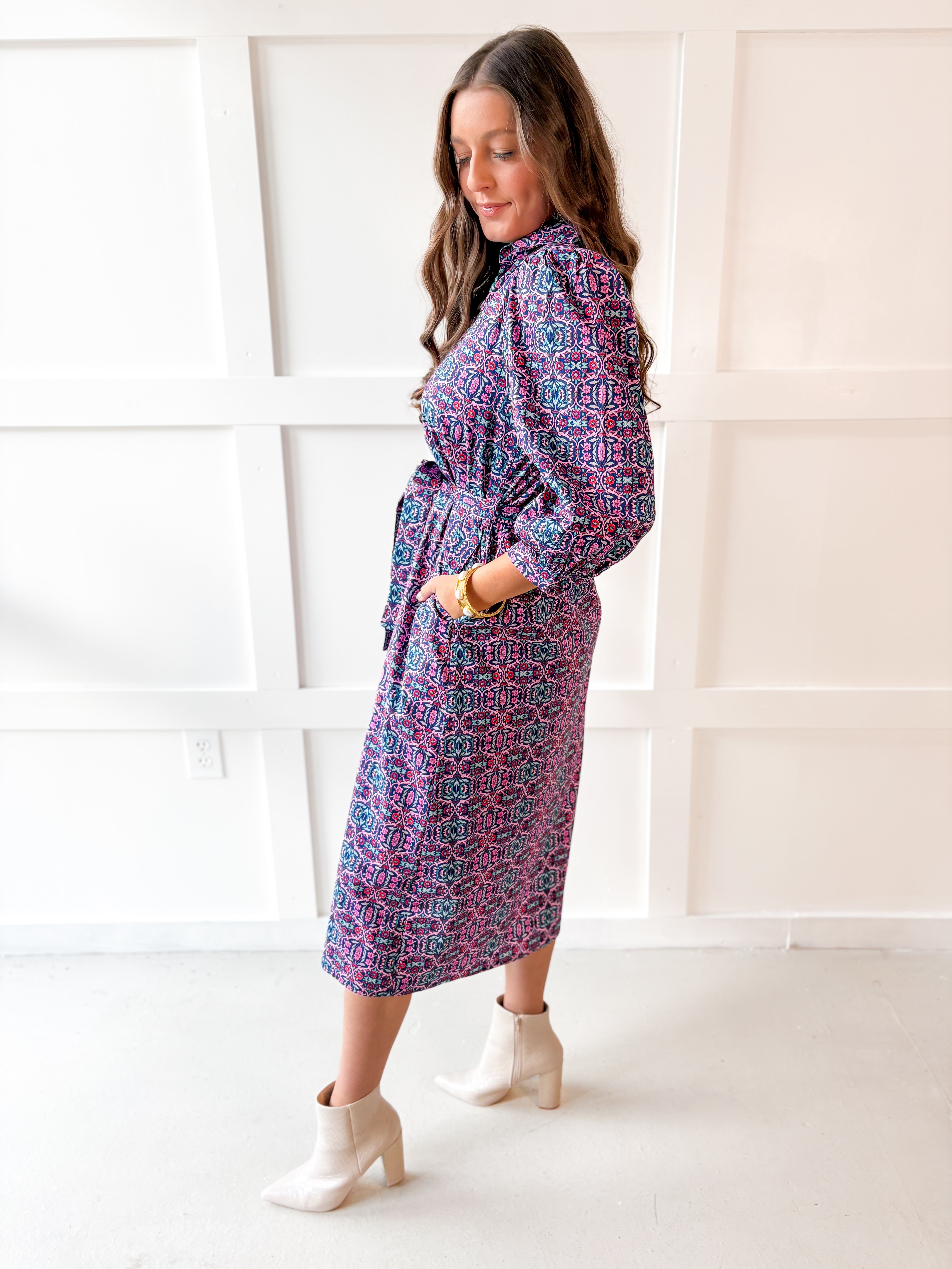 Geo Print Waist Tie Midi Dress- Navy