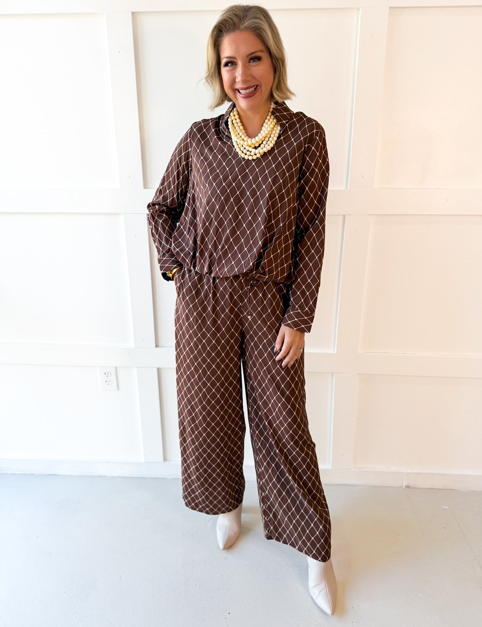 Geo Printed Top & Pant Set - Brown