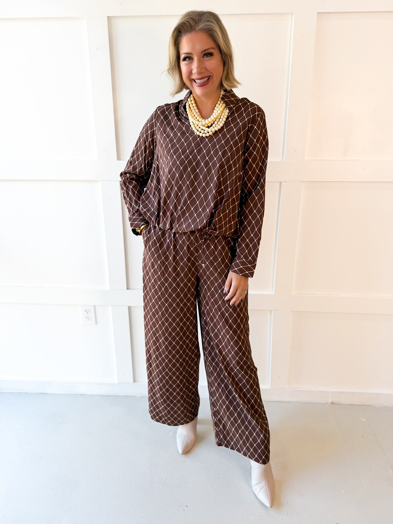 Geo Printed Top & Pant Set - Brown